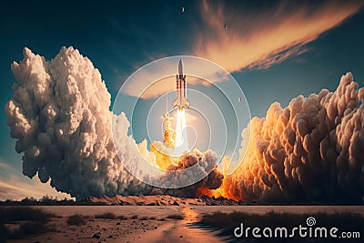 Rocket takes off into the sky. Lots of smoke and gas, Spaceship takes off at night sky on a mission Stock Photo