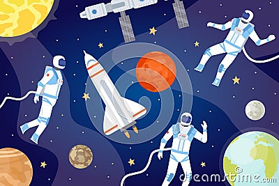 Cosmic background with astronauts. Outer space with spaceship, planets, stars and spaceman exploring cosmos. Cartoon Vector Illustration