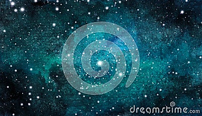 Cosmic background. Colorful watercolor galaxy or night sky with stars. Cartoon Illustration