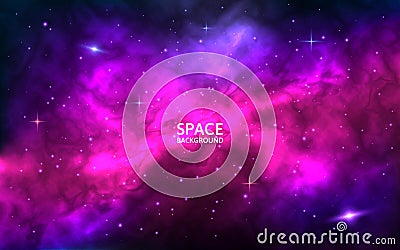 Cosmic background. Space backdrop with bright stars, stardust and nebula. Realistic cosmos with colorful galaxy. Color Vector Illustration