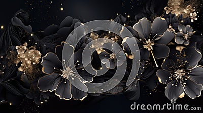 Cosmic Black Flowers with Golden Accents. Ethereal black flowers adorned with golden details set in a dark, starry Stock Photo