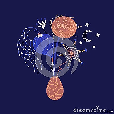 Cosmic bouquet of mysterious witch night flowers. Design with magic plants in blue and brown colors Vector Illustration