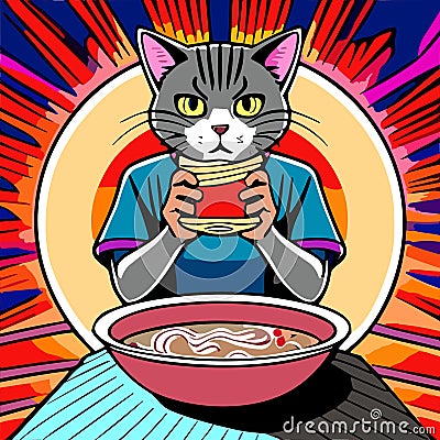 Cosmic Cat: A Psychedelic Ramen Feast Vector Illustration