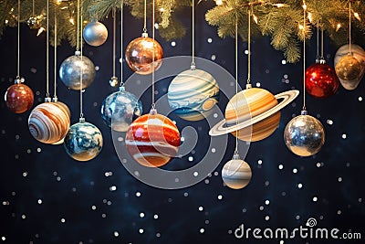 Cosmic Christmas tree with balls against a planet backdrop Stock Photo