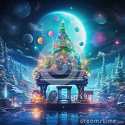 Cosmic Christmas Tree on Piano Under Moonlight Stock Photo