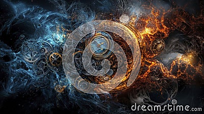 Cosmic clockwork mechanisms blending with celestial patterns digital art space abstract surreal imagery Stock Photo