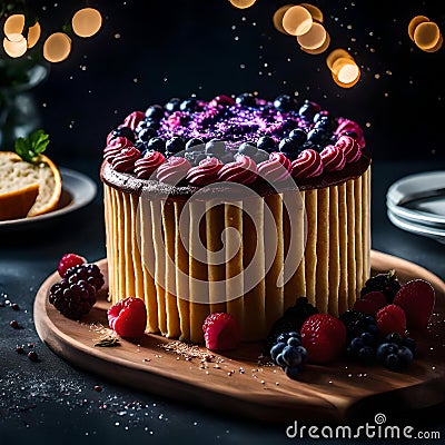 Cosmic Confection: Vanilla Cake with Berry Galaxy Cartoon Illustration