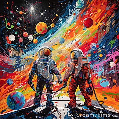 The Cosmic Connection: A mural depicting outer space exploration intertwined with human connection and curiosity Stock Photo