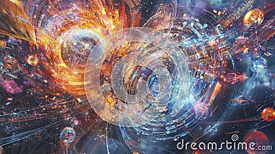 Cosmic convergence visualizing advanced digital ecosystem outer space abstract art digital environment aerial perspective Cartoon Illustration