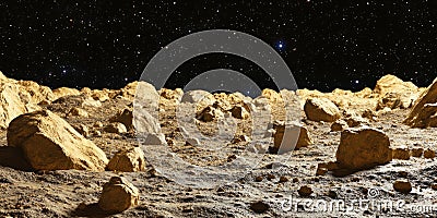 A cosmic 3D background displaying an immense asteroid field drifting through deep space. The glowing Stock Photo