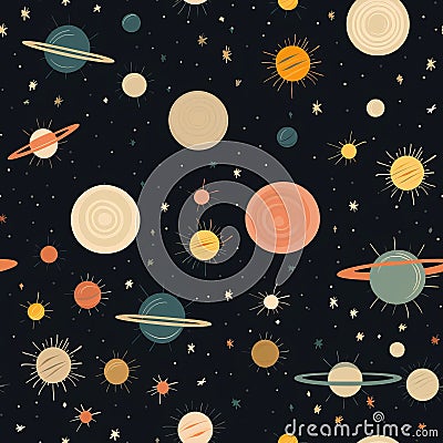 Cosmic Delight: A Playful And Dark Vintage Solar System Fabric Design Stock Photo