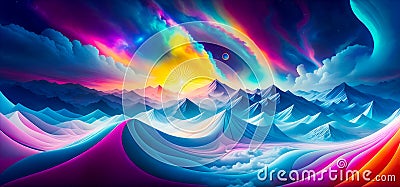 Cosmic Dreamscape: Psychedelic Landscapes in Vibrant Colors and Mind-Bending Illusions Stock Photo