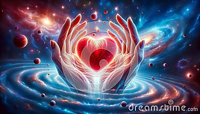 Cosmic Embrace: The Red Love Heart Amidst the Stars Stock Photo