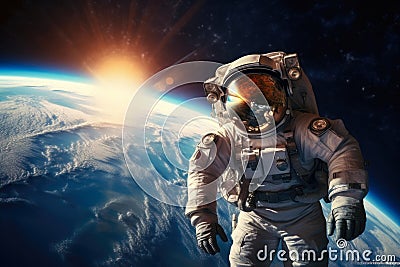 Cosmic Explorer: Astronaut and Earth-Moon. Stock Photo