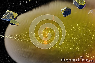Cosmic explosion burns in flames planet fragments disintegrating while core of the earth explodes in fragments float without Stock Photo