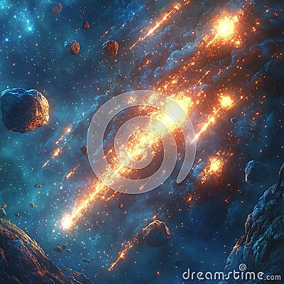 Cosmic fiery meteor explosion, asteroid collision in space Stock Photo