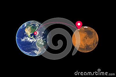 Cosmic flight from Earth to Mars Stock Photo