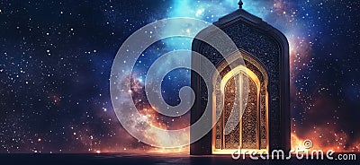 Cosmic Gateway Portal Illuminated in Starry Universe, Intricate Patterns and Mystical Design, Evoking Sense of Wonder Stock Photo