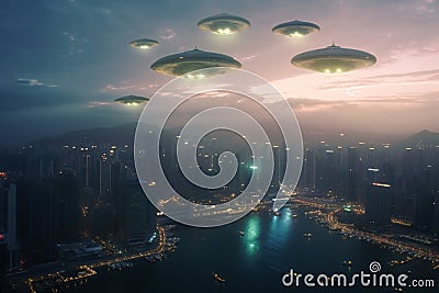 Cosmic invaders, Aliens' spacecraft descends upon bustling coastal city Stock Photo