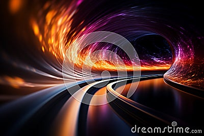 Cosmic journey unfolds in abstract light semicircular waves, bright spiral Stock Photo