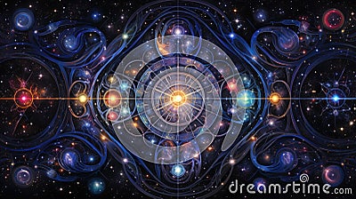 Cosmic kaleidoscope background. Abstract sci-fi mandala fractal luminous neon glowing colorful lights wallpaper Stock Photo