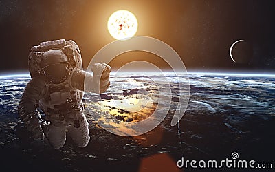 Cosmic landscape of Earth. Moon. Sun. Astronaut. Solar System. Elements of the image are furnished by NASA Stock Photo