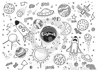 Cosmic objects set. Hand drawn vector doodles. Rockets, planets, constellations, ufo, stars, etc. Space theme. Vector Illustration