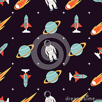 Cosmic pattern with spaceman, rocket, planet and comet Vector Illustration