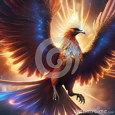 A cosmic phoenix with wings of pure energy, rising from the heart of an exploding star1 Stock Photo
