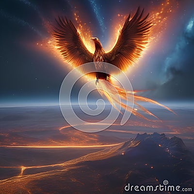 A cosmic phoenix with wings that trail comet tails, reborn from the fiery heart of a supernova4 Stock Photo