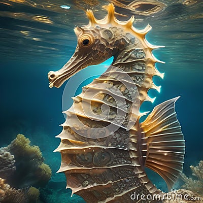 A cosmic seahorse with bioluminescent fins, swimming gracefully in the ethereal waters of an asteroid-based ocean3 Stock Photo