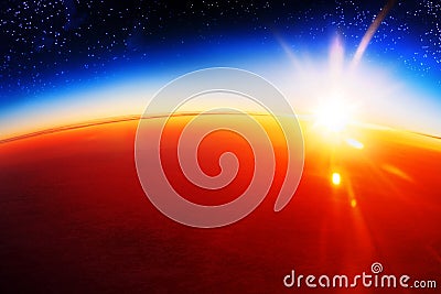 Cosmic sunset landscape, sunrise in cosmos over planet Earth horizon, stars, dark blue sky, celestial bodies outer space, galaxy Stock Photo