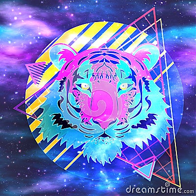 Cosmic Tiger retro 80s style Cartoon Illustration