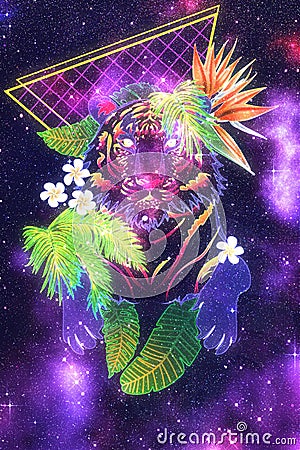 Cosmic tiger with tropic leaves retro Cartoon Illustration