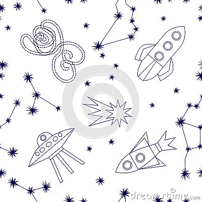 Cosmic travels. Seamless vector pattern with constellations, crescent moon, rockets and stars. Vector Illustration