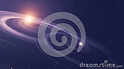 Cosmic View of a Binary Star System with Twirling Orbital Rings in Deep Space Cartoon Illustration