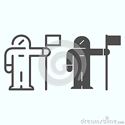 Cosmonaut colonization line and solid icon. Astronaut in suit with flag. Space exploration design concept, outline style Vector Illustration