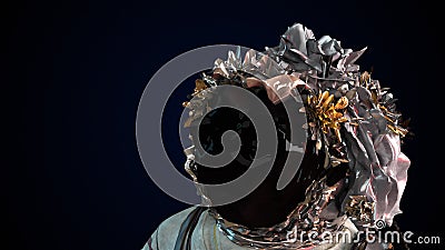 Cosmonaut with distortion helmet in a metal protective spacesuit. Computer generated space background, 3d rendering Stock Photo