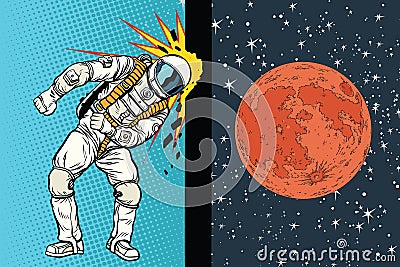 Cosmonaut knocks head on the wall. A dream to be on Mars Vector Illustration