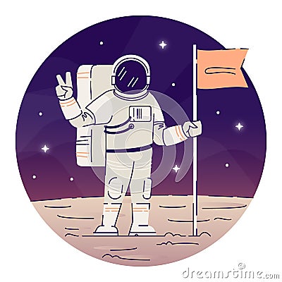 Cosmonaut placing flag on moon flat concept icon. Astronaut in space suit showing peace sign sticker, clipart. Alien Vector Illustration