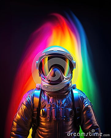A cosmonaut in a rainbow of neon colors, a surreal colorful journey Stock Photo
