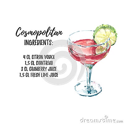 Cosmopolitan cocktail ingridients list recipe. Watercolor hand drawn illustration on white background with text aside Cartoon Illustration