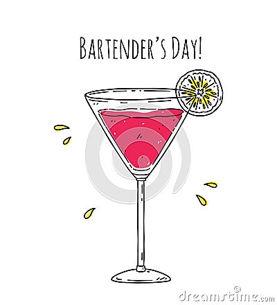 Cosmopolitan cocktail with lemon slice Vector Illustration