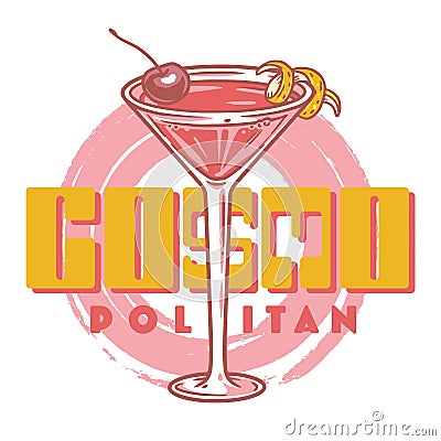 Cosmopolitan cocktail with lime and cherry for summer party. Ping alcochol cocktail Vector Illustration