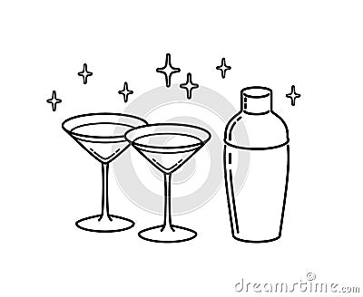 Cosmopolitan Couple of Glasses With Shaker Outline. Icon Vector Illustration. Icon. Cocktail Party Vector Illustration