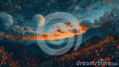 Cosmos background with realistic stardust, nebula, moon and shining stars. Cartoon Illustration