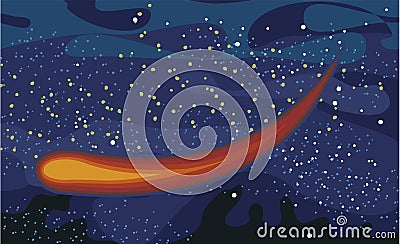 Cosmos background. Starry sky landscape. Planets and their satellites. A bright comet. Flat style. Cartoon design Vector Illustration