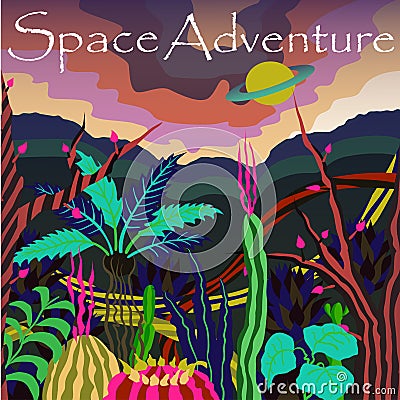 Cosmos banner with fantastic planet and slogan `Space Adventure`. Vector illustration. Retro futurism. Vector Illustration