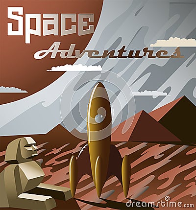 Cosmos banner with rocket and slogan `Space Adventure`. Vector illustration. Retro futurism. Vector Illustration