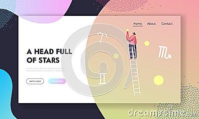 Cosmos Exploration, Space Education Website Landing Page. Girl Stand on Ladder Take Star from Sky among Aries Vector Illustration